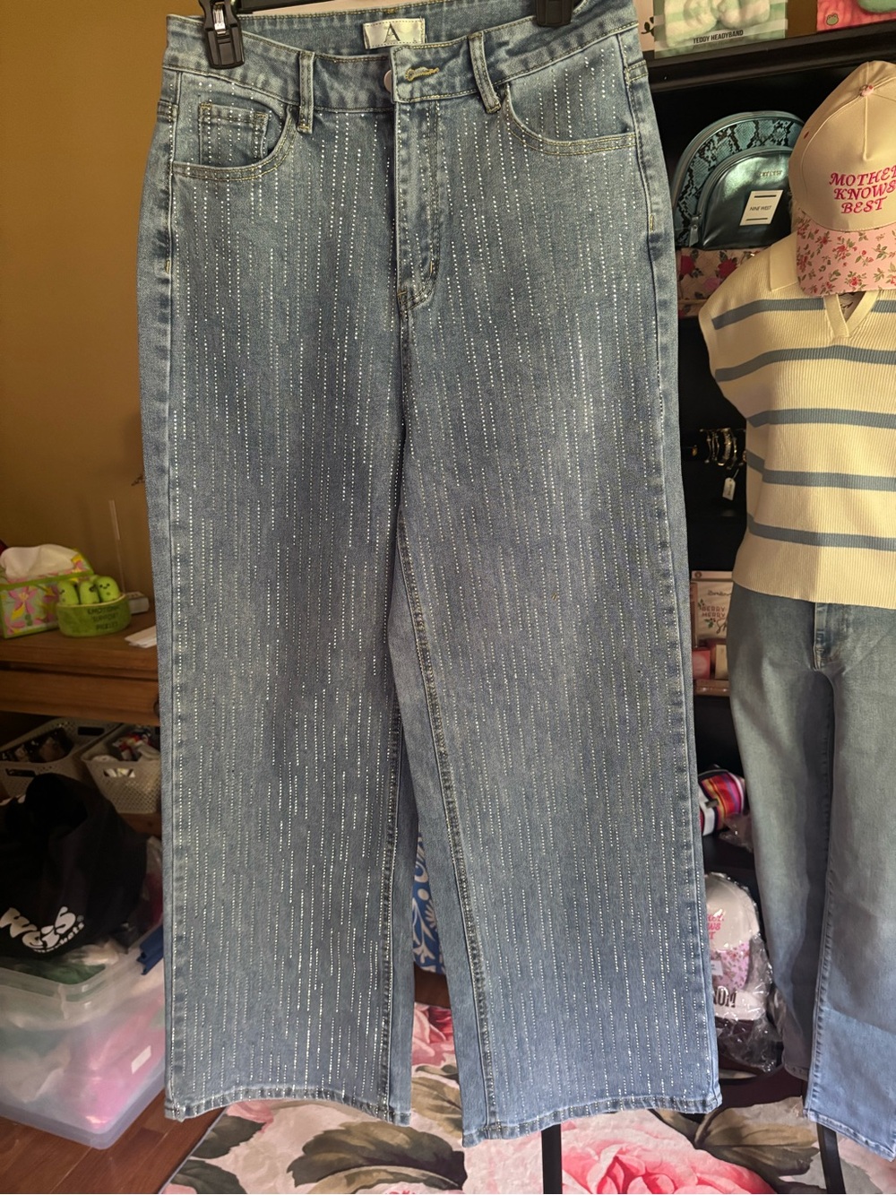 High-Rise Light Blue Wide-Leg Jeans with Vertical Rhinestone Detail